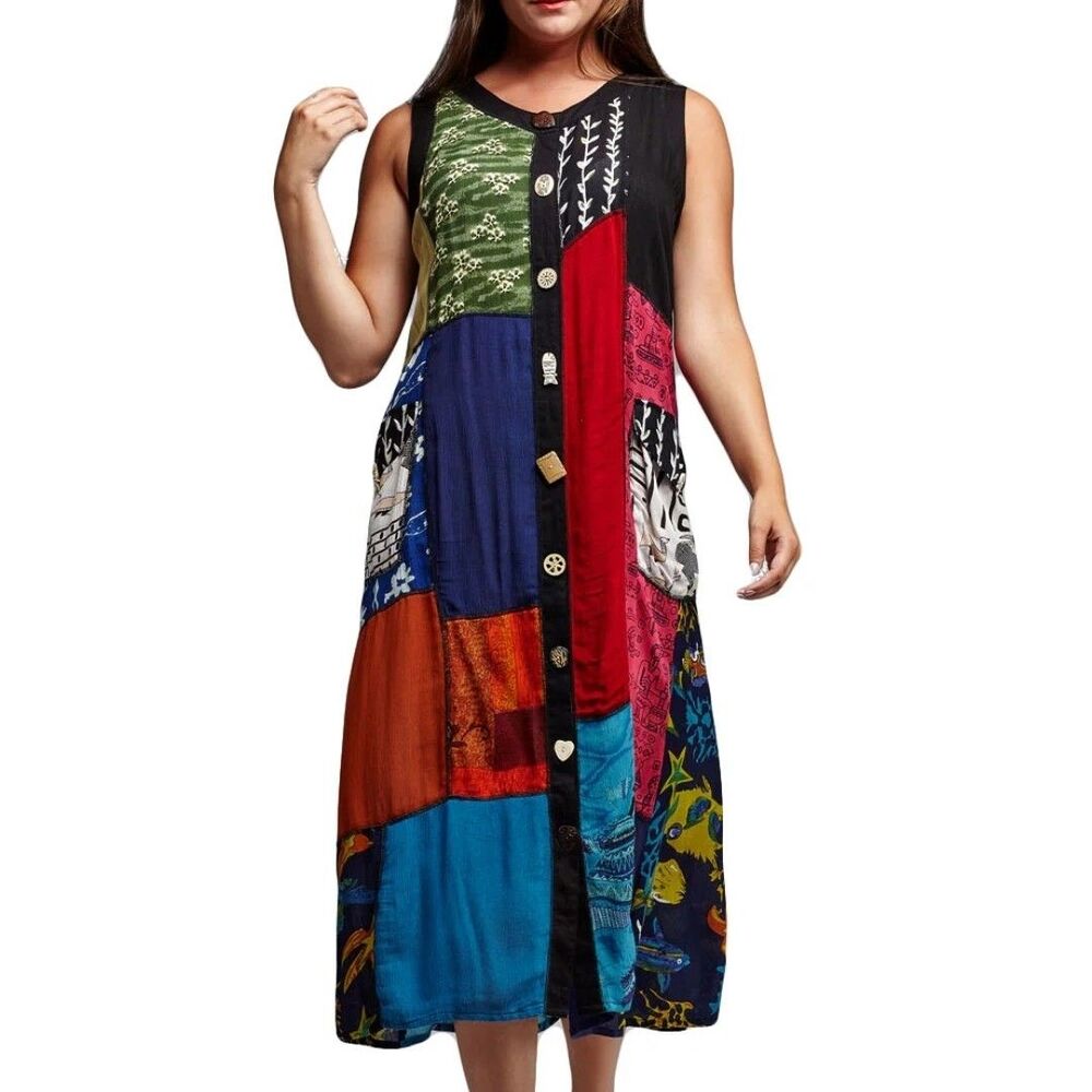 La Cera Novelty Button Front Patchwork Dress Petite Size XL Rayon Sleeveless